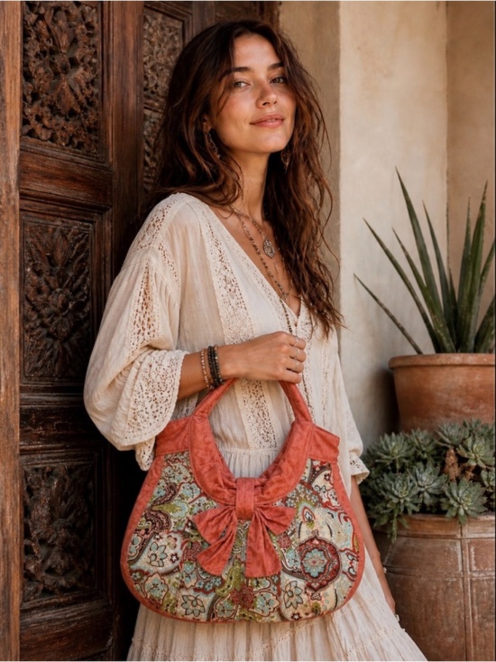 Ebisu Boho Paisley Print Hobo Bag with Large Bow Accent Orange Coral